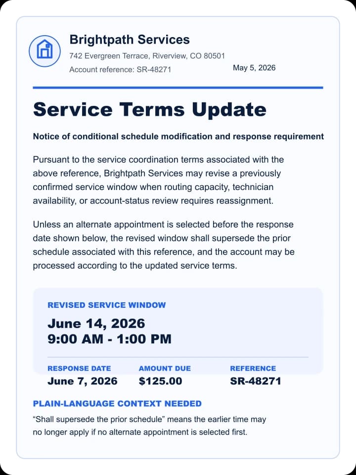 Fictional service terms update document with dense scheduling language